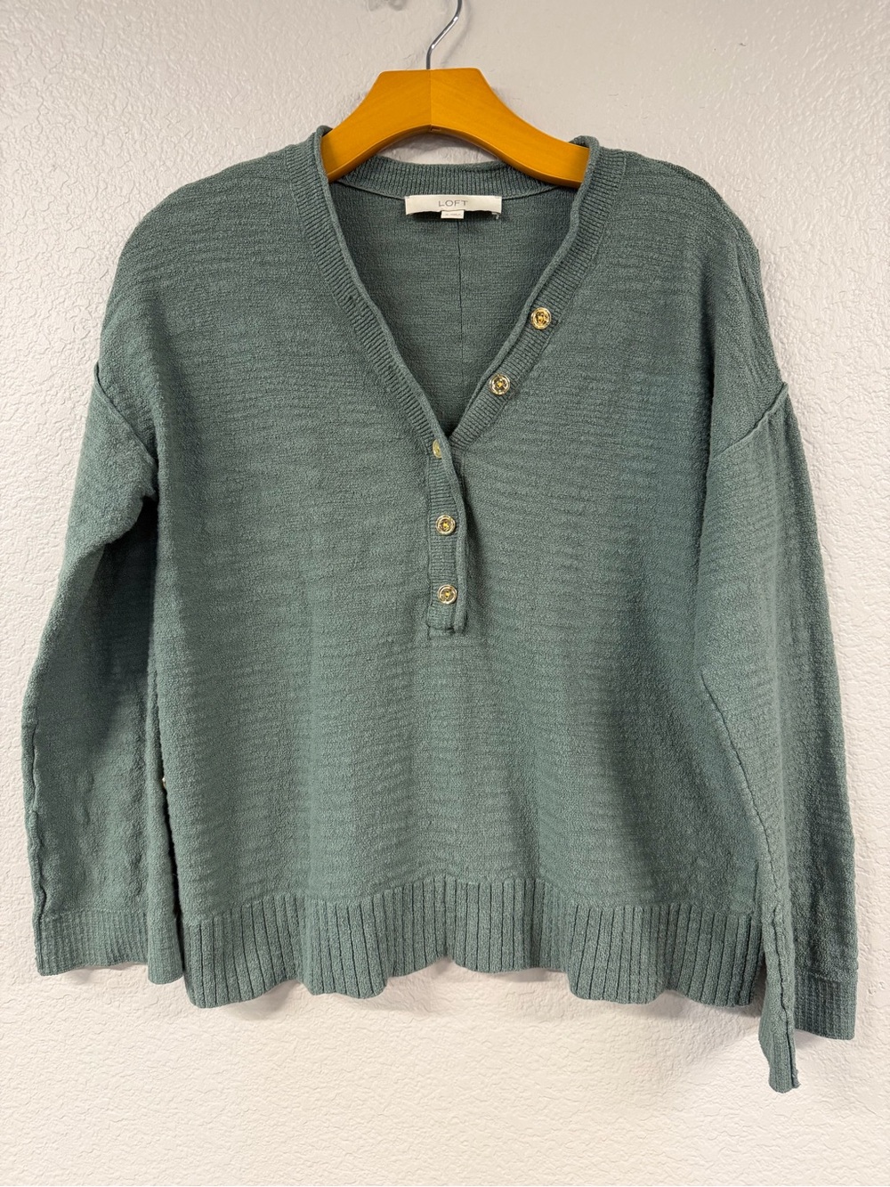 LOFT Dusty Sage Button-Front V-Neck Sweater & Gold Buttons
